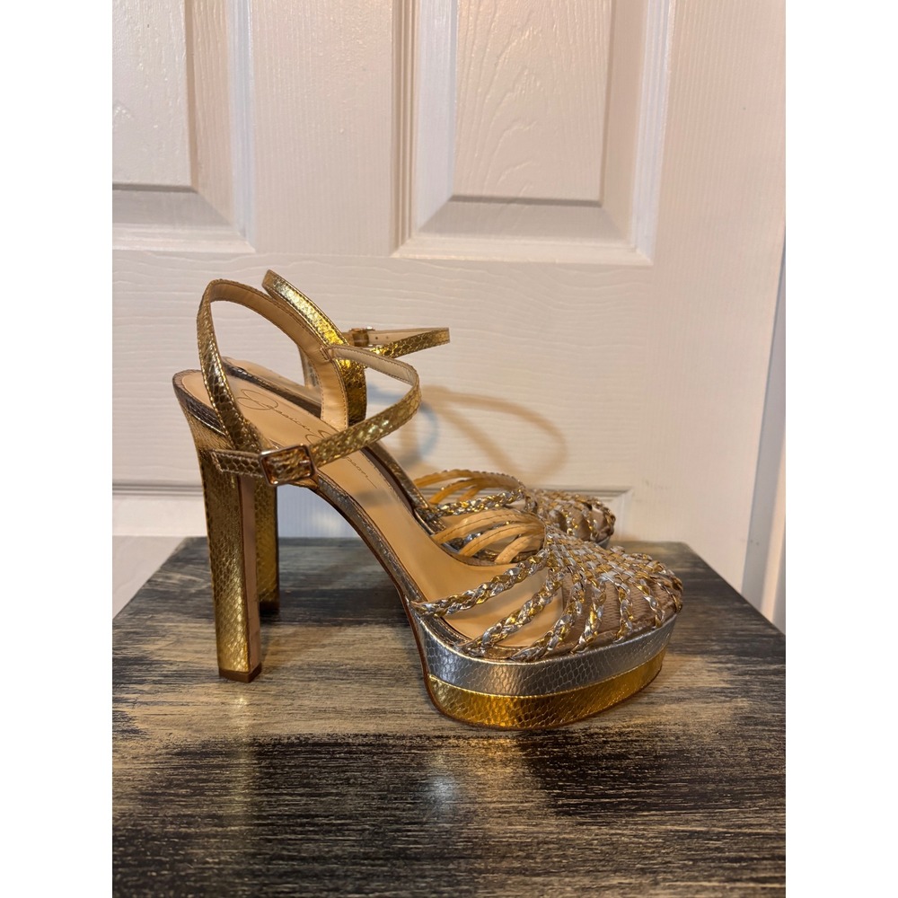 Jessica Simpson Gold Silver Metallic Snakeskin Platform Heels Sandals 12M